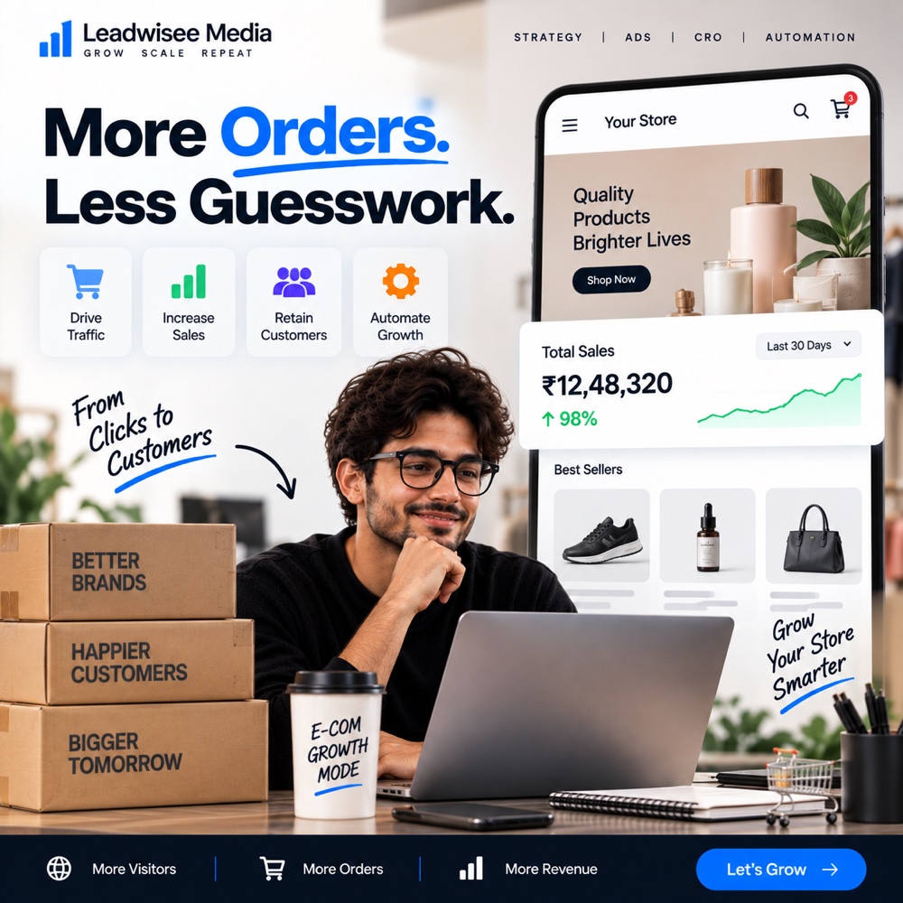 Leadwise e-commerce campaign creative: more orders, less guesswork, store revenue dashboard