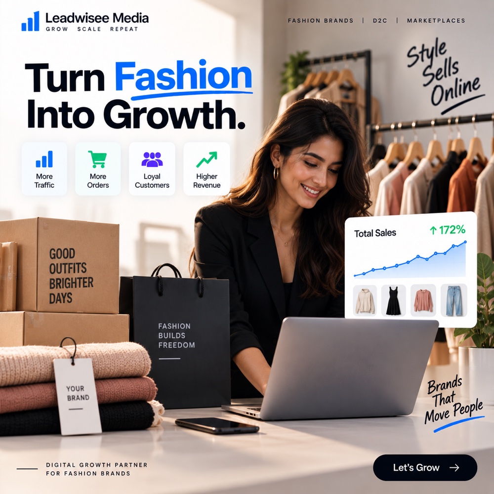 Leadwise fashion campaign creative: style sells online, sales growth chart, brand awareness metrics