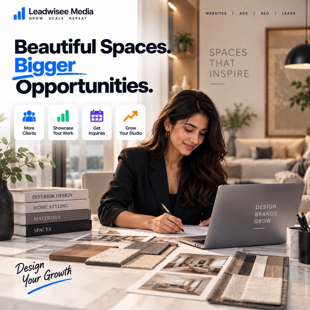 Leadwise interior design campaign creative: beautiful spaces, bigger opportunities, portfolio showcase metrics