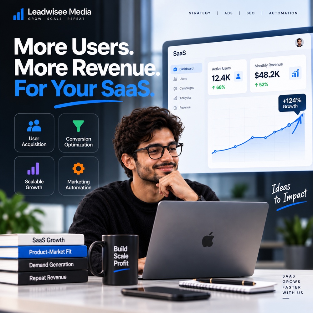 Leadwise SaaS campaign creative: more users, more revenue, conversion optimization metrics