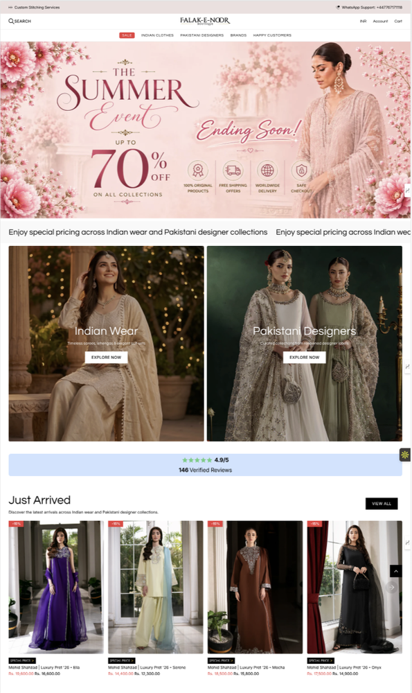 Falak-e-Noor — fashion e-commerce storefront, 4.9/5 across 146 reviews