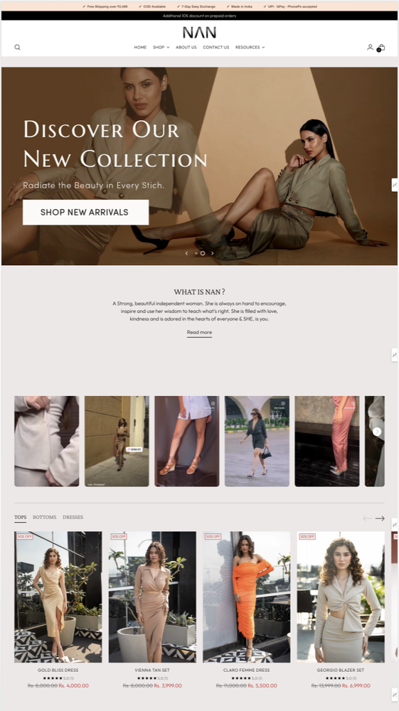 NAN — clothing brand storefront with an editorial homepage