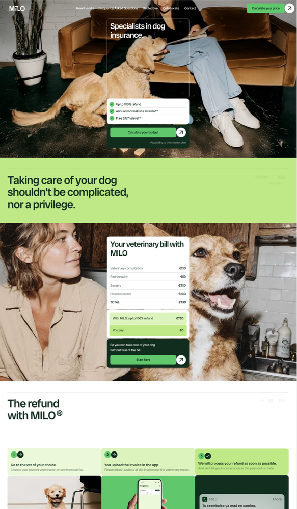 MILO — dog insurance site with an interactive refund calculator