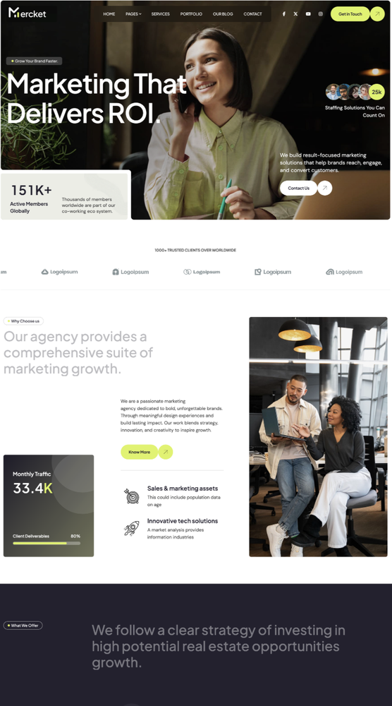 Miercket — marketing agency site with 151K+ active members showcased